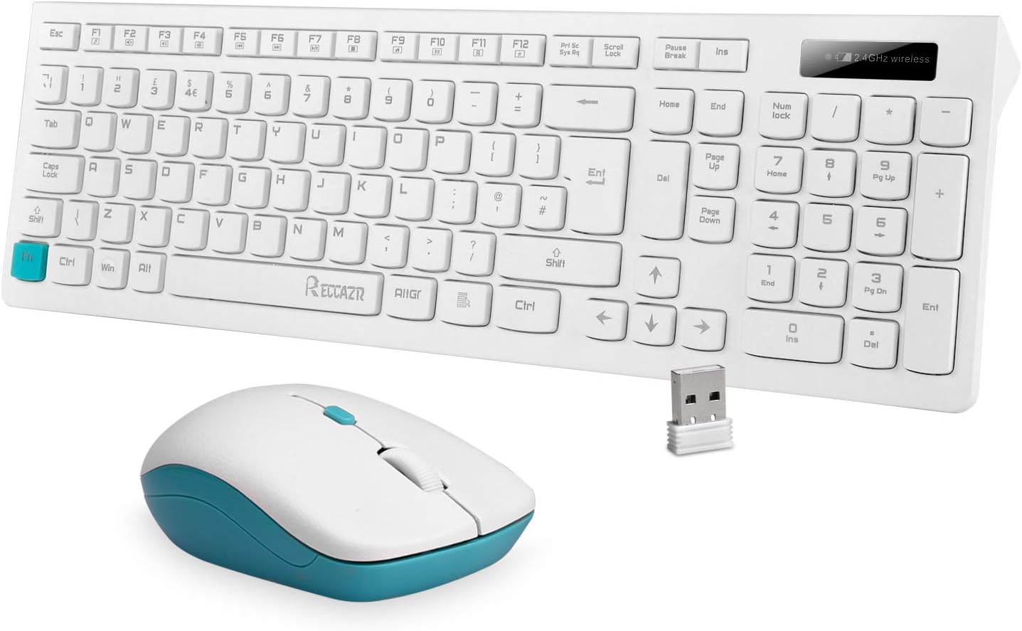 UK Layout Wireless Keyboard and Mouse,(Full Size Chiclet Keyboard,Long Battery life) RECCAZR Ultra thin 2.4G Cordless Optical Wireless Mouse and Keyboard Set with Nano USB Receiver (White)