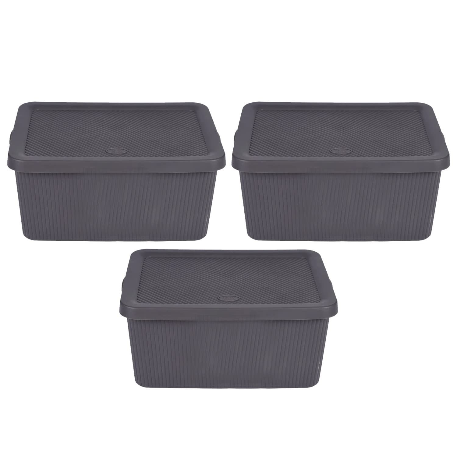 M1ss Bottle Grey Set Of 3 Small 7L Plastic Knitted Storage Basket With Lid, Stackable Organiser Lidded Bin Box For Nursery, Kids, Closet, Shelf And Bathroom (Bottle Grey)