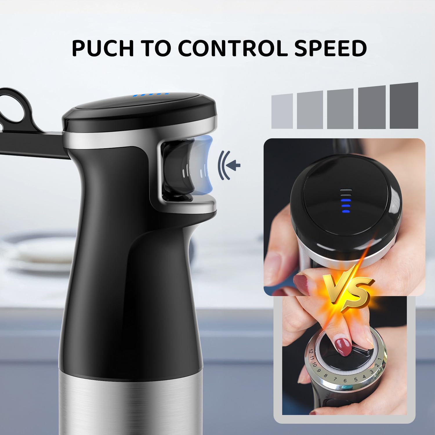Batidora de inmersión de mano de 1100 W con cable 5 en 1 con velocidad de control de gatillo, batidora, accesorios para espumar leche para sopa, batido, puré 4