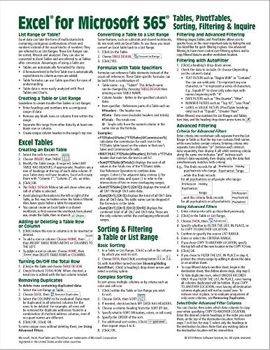 Excel for Microsoft 365 (Office 365) Tables, PivotTables, Sorting, Filtering Quick Reference Guide - Windows Version (Cheat Sheet of Instructions, Tips & Shortcuts - Laminated Card)