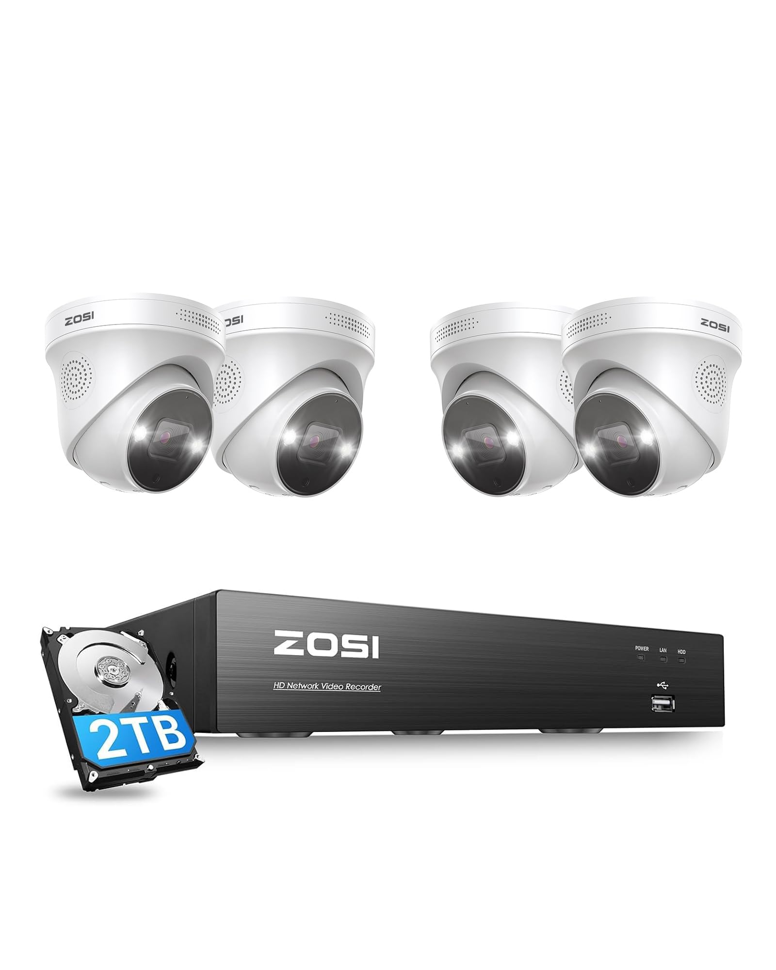 ZOSI 4K Spotlight PoE Security Camera System, 4pcs 5MP Outdoor Cam, 2TB HDD