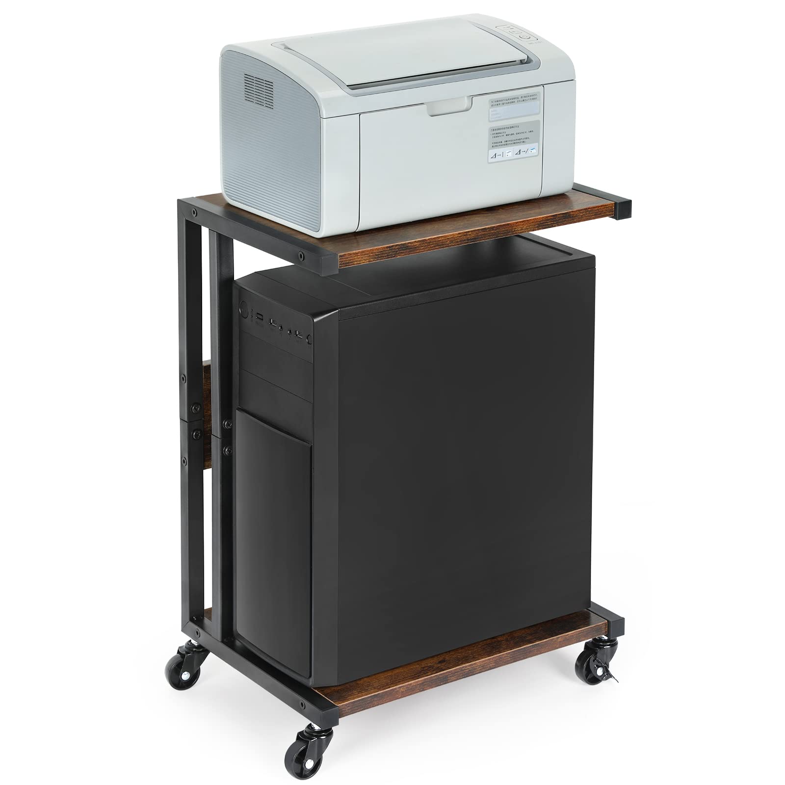 CASAVIDA2-Tier Computer Tower Stand C-Shaped Mobile PC Tower Stand, Desktop Printer Stand Office Computer Cart with 2 Locking Swivel Wheels for School Office Home, Retro Yellow