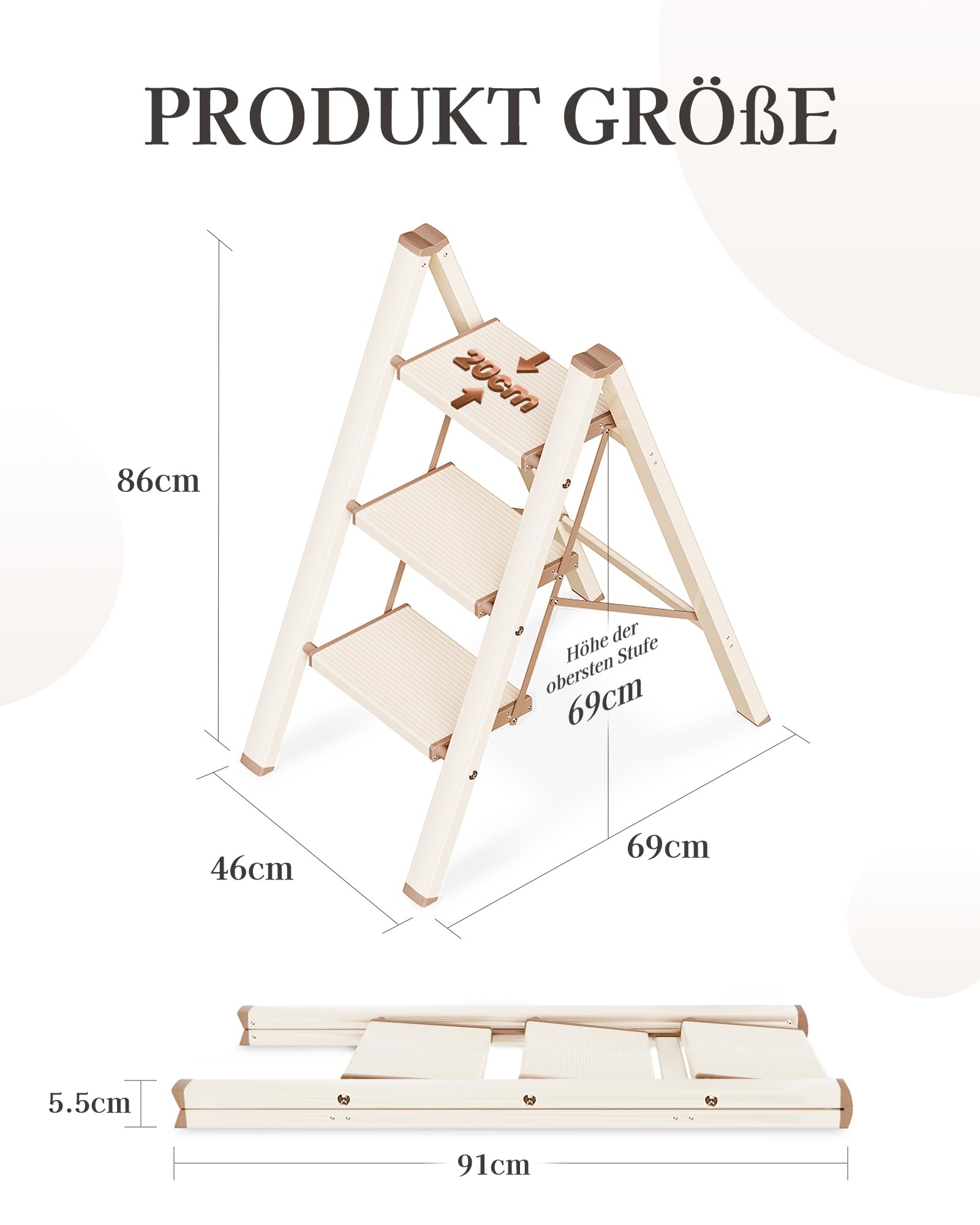 3 Stufen Leiter, klappbarer Tritthocker mit breitem Anti-Rutsch-Pedal, leichtes und dennoch stabiles Aluminiummaterial, 150 kg Tragkraft, für Innen- und Außenbereich, Sahne Schokolade
