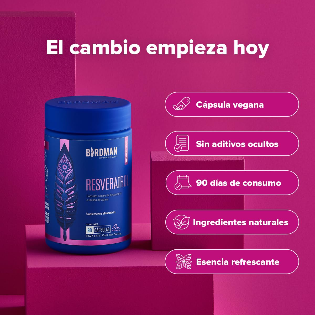 Birdman Resveratrol 300 mg | Antioxidante Natural | Fórmula Limpia Sin Aditivos | Cápsula Vegana | Esencia Refrescante | Suplemento Alimenticio para Hombre y Mujer | 90...