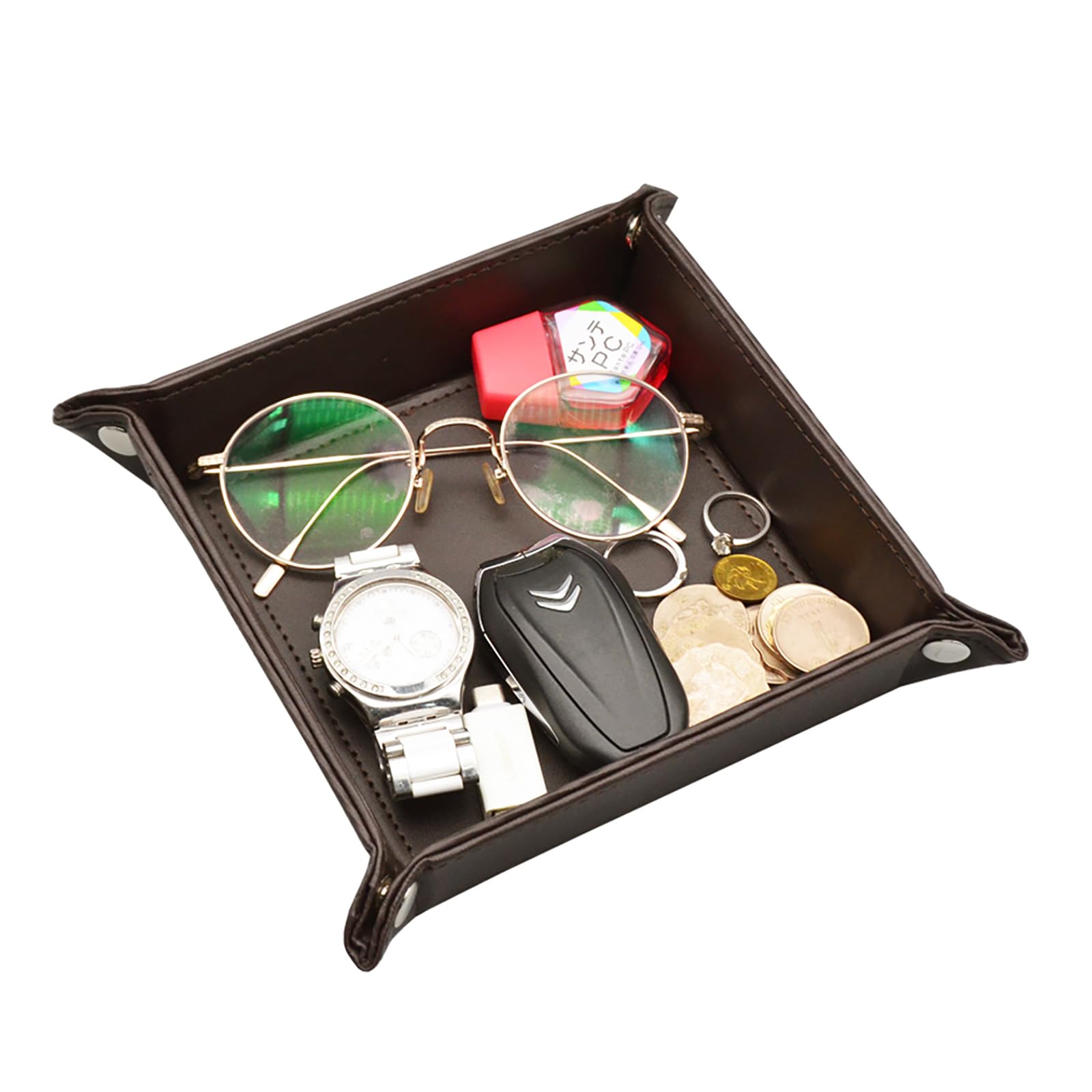 Aolaso Women's Brown Valet Tray Pu Leather Jewelry Catchall Tray For Key Wallet Phone Watches Candy, Mens Desktop Trinket Bedside Organizer
