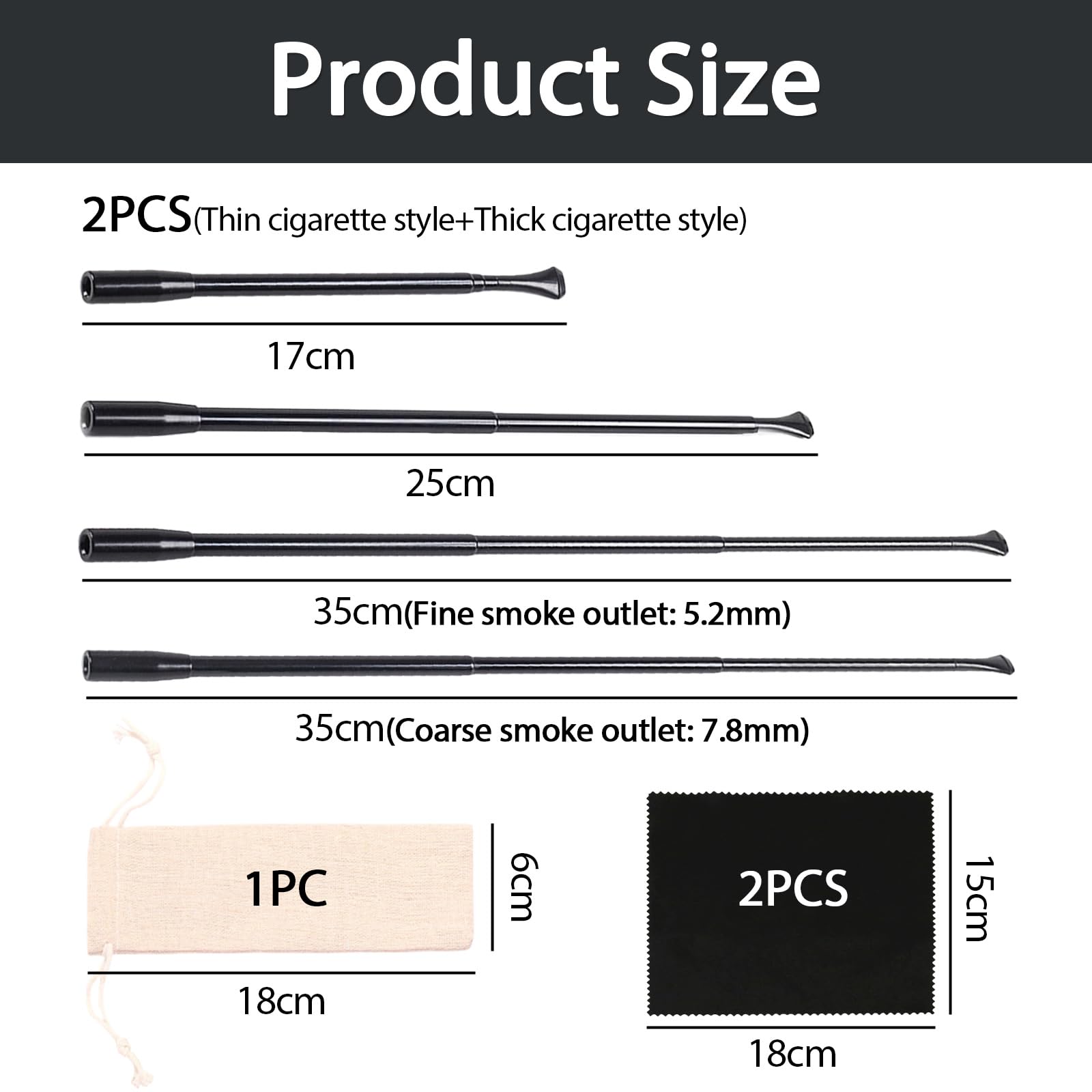 5 Pieces Cigarette Holder for Women Black Retractable Cigarette Holder Long Metal Cigarette Holders(Coarse&Fine),Retro Accessories for Party Cosplay with 1 pcs Storage Bag&2 pcs Cleaning Cloth - Image 2