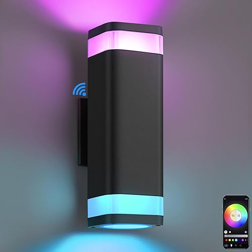 SHIMR Luz de pared inteligente RGB para exteriores, control de aplicación WiFi, lámpara exterior que cambia de color con sensor de atardecer a