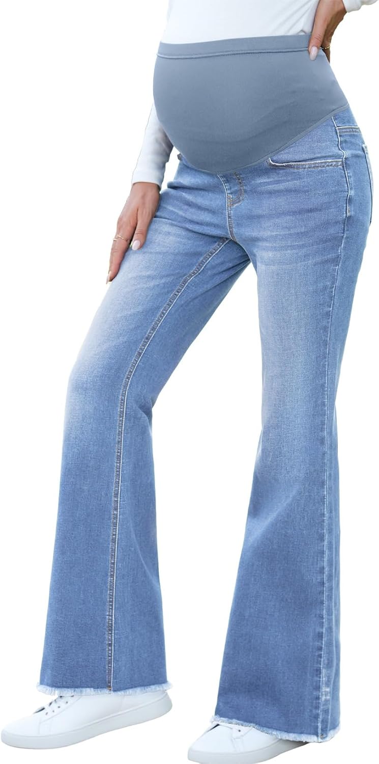 BLENCOT Maternity Jeans for Women Over Belly Pregnancy Pants Comfy Pregnant Jeans Flare Denim Jeans with Pockets