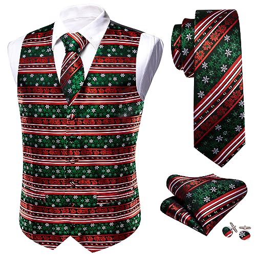 Barry.Wang Mens Red/Green Christmas Suit Vest Holiday Xmas Waistcoat Tie Set Party Tuxedo3