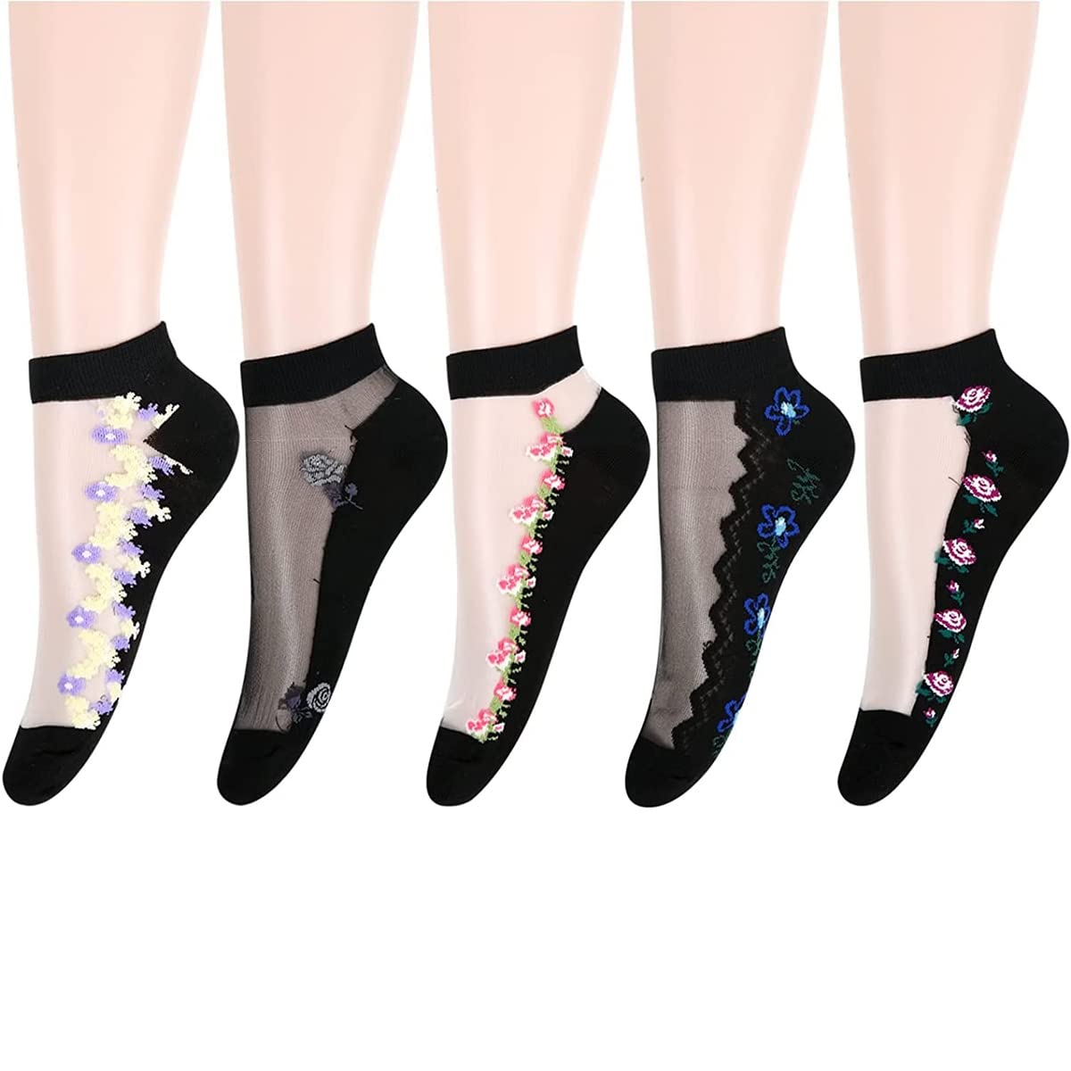 nicsy Floral Socks Transparent Abstract Sheer Printed Flower Socks Pack of 5 Pairs (Free Size)-picture-36