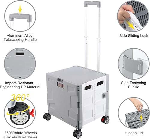 Miniatura 197 de FELICON SELORSS - Carrito plegable portátil con ruedas para subir escaleras y ruedas giratorias de 360°, mango telescópico, caja de plástico
