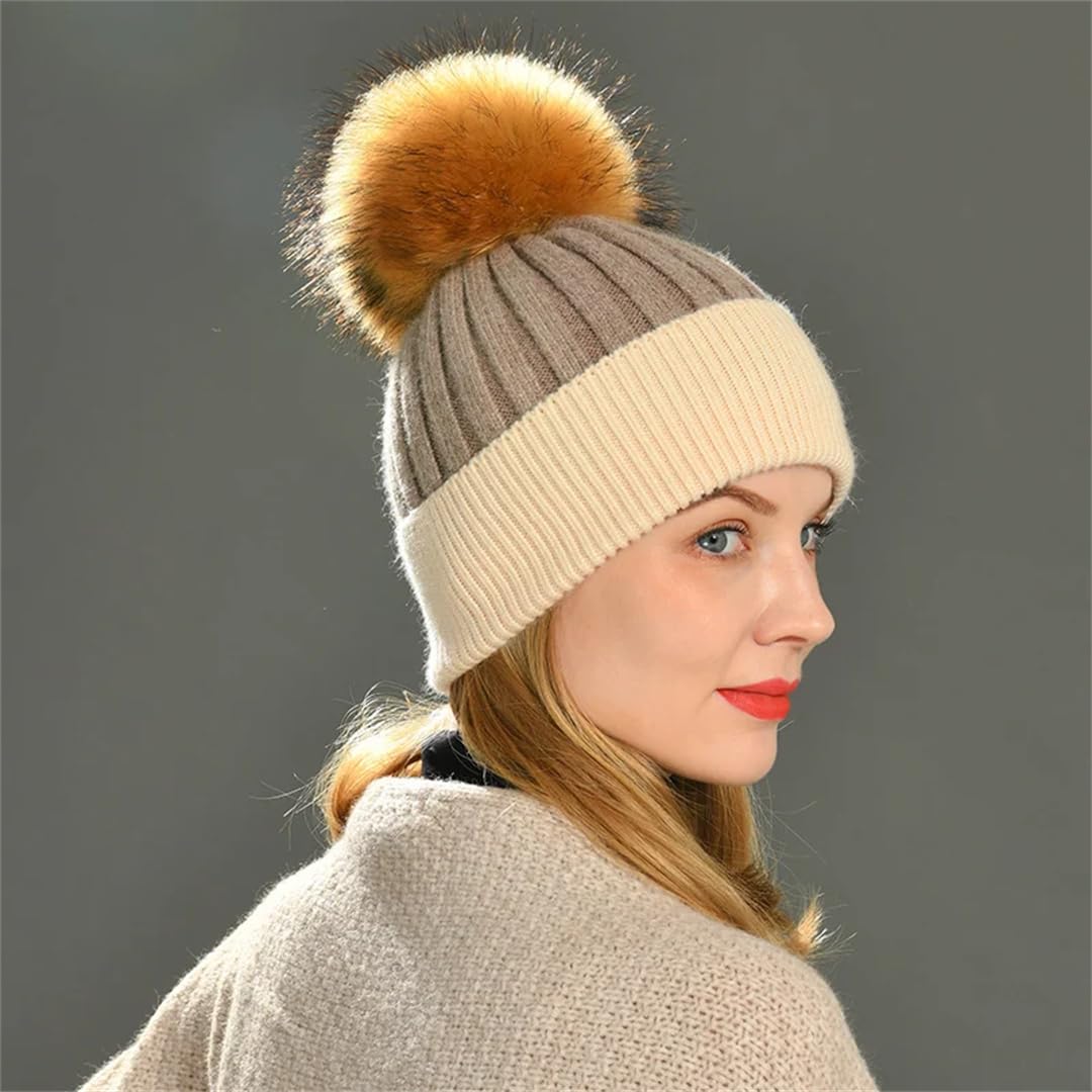 Wvapzxx Cappello Invernale Beanie Cappelli Con Pompon Di Pelliccia Donna Cashmere Lana Lavorato A Maglia Bonnet Palla Di Pelliccia Beanie Cap Grande Pompon Di Pelliccia