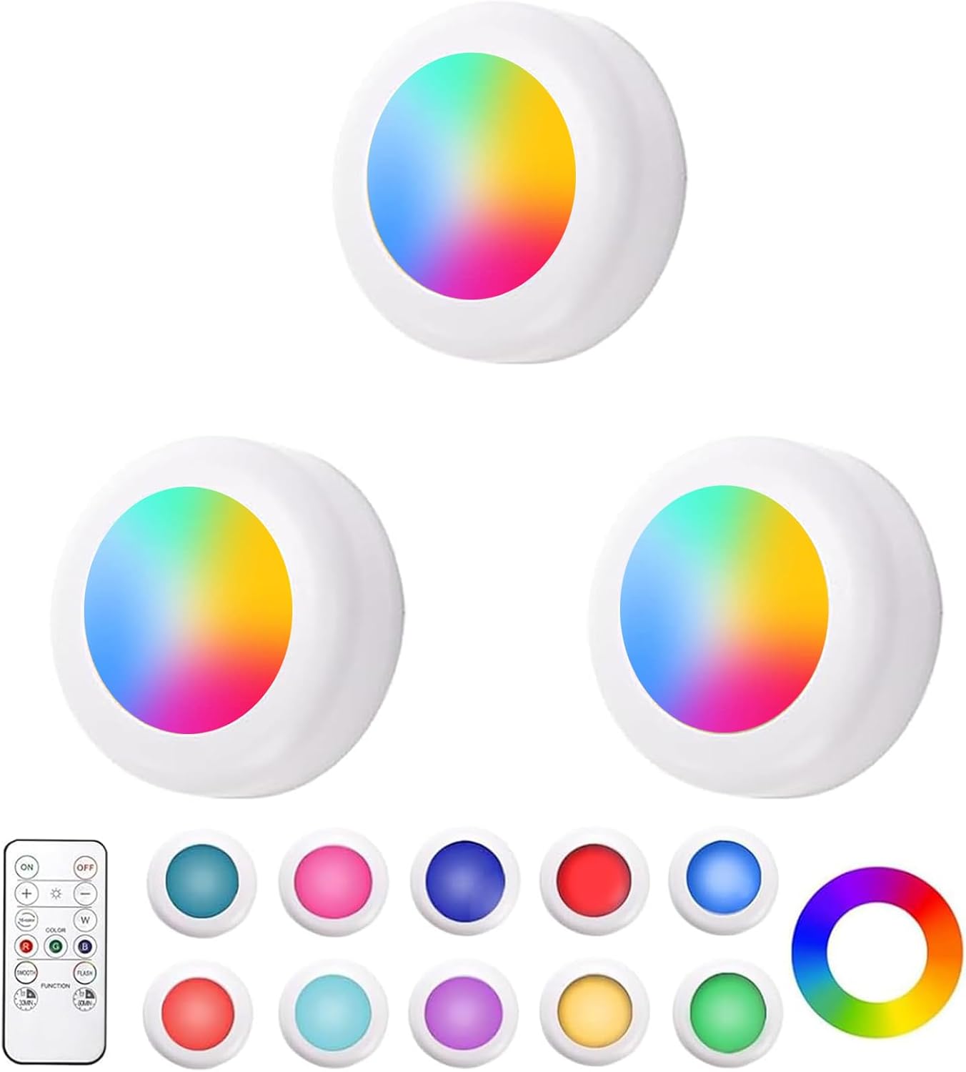 Hbaushun LED Puck Lights 3 Pack,16 Color Changeable Wireless LED Cabinet Lights,Battery Operated Night Light with Dimmer & Timmer for Bedroom,Closet, Kitchen,White