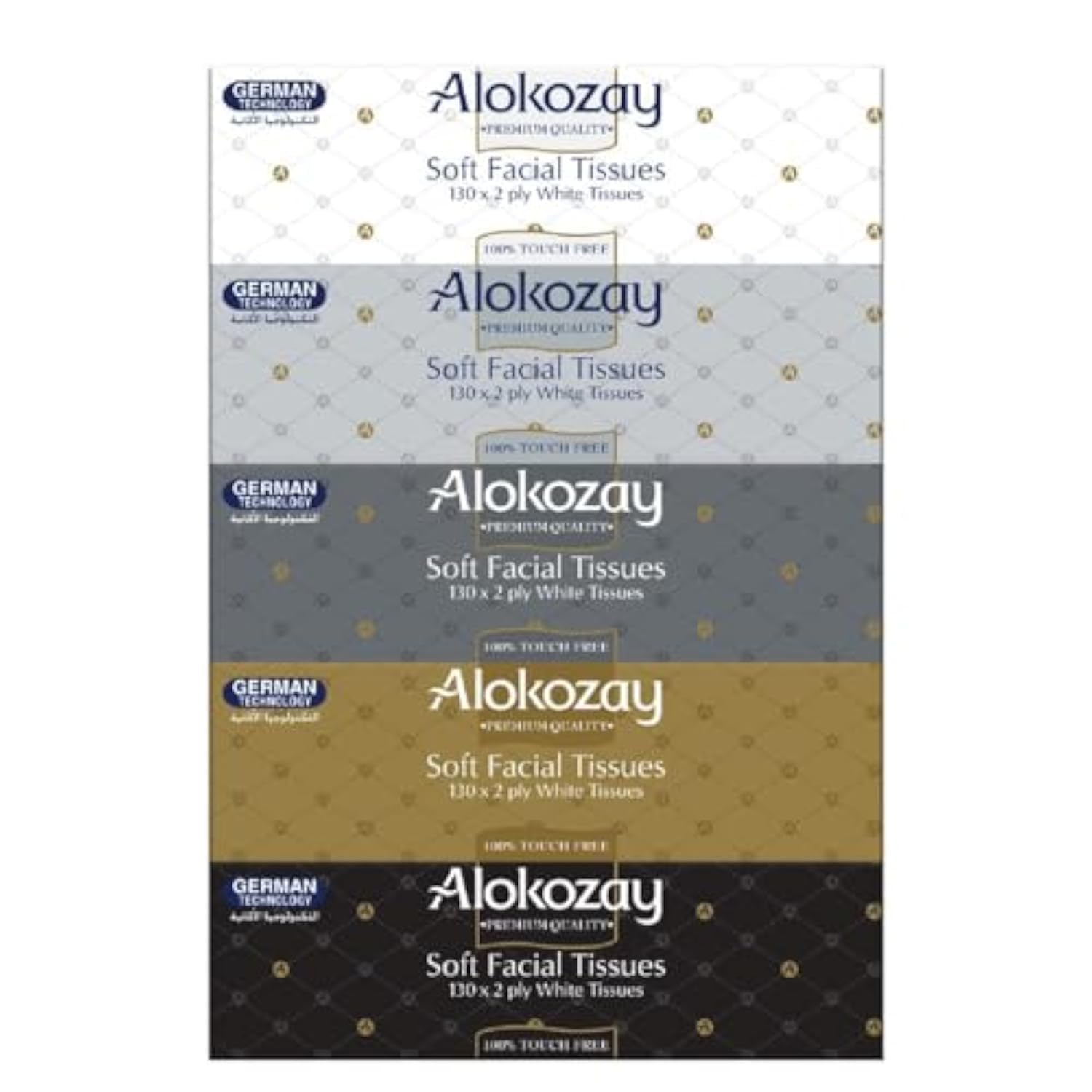 Alokozay Soft Facial Tissues, 130 Sheets x 2 Ply White Tissues, Pack of 5 Boxes