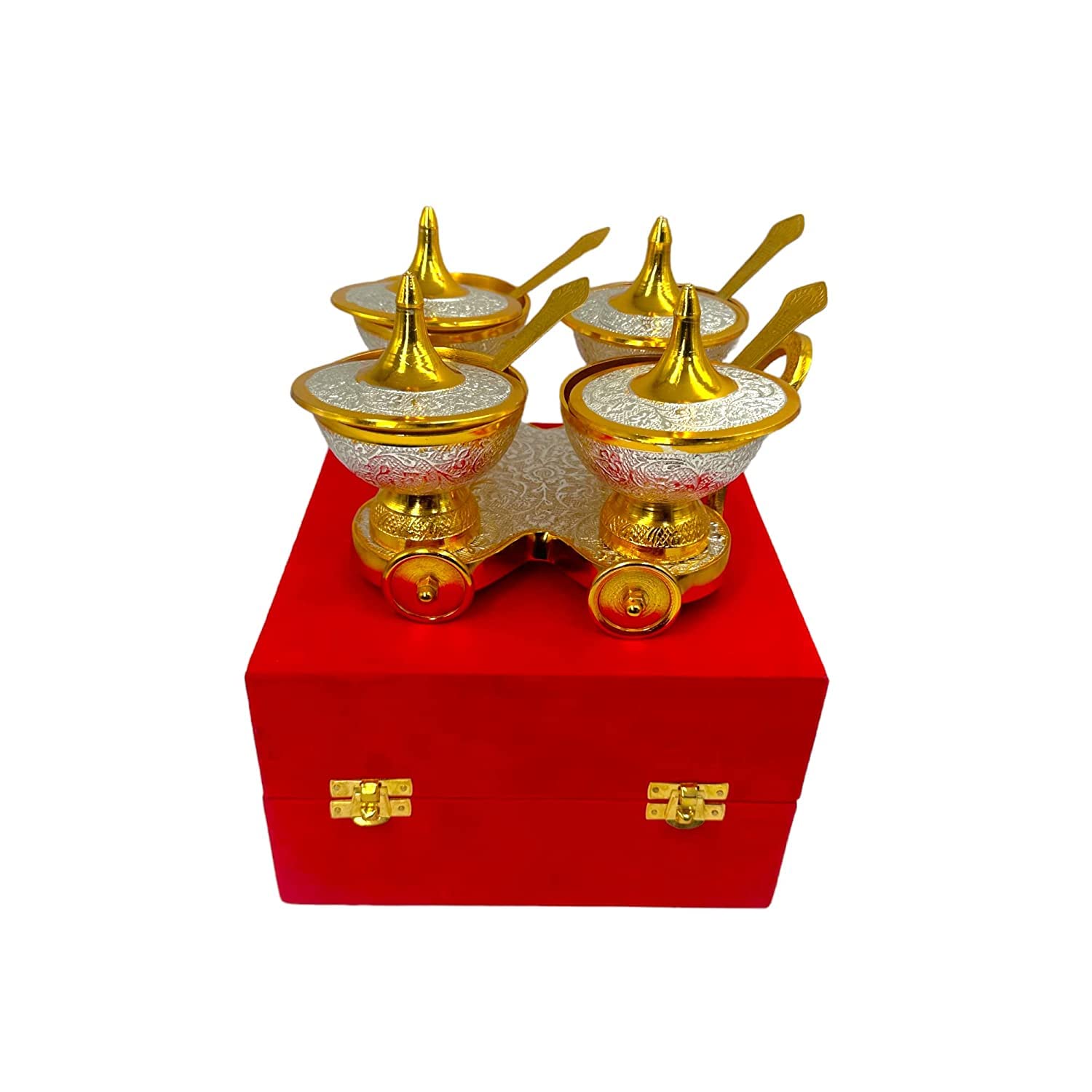 AC ANAND CRAFTS Table Trolley Set 4 Bowl Trolley l Size - 8" x 8" (Bowl - 3" Diameter) | Color Silver-Gold Plated Serving for Macaws, Nuts, Sweets