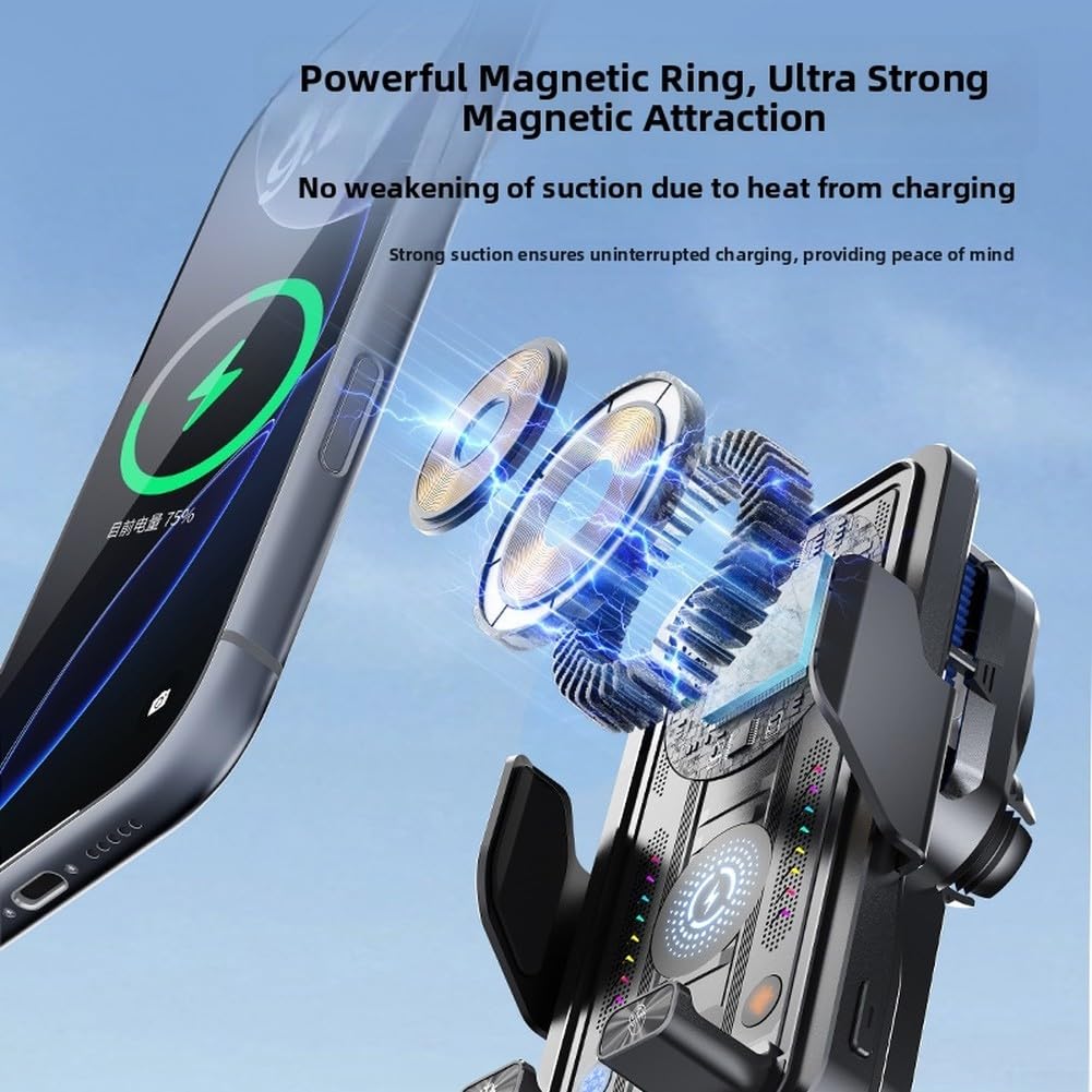Soporte para teléfono de coche cargador inalámbrico de 15 W con disipación de calor de refrigeración y detección magnética, cargador inalámbrico de coche con sujeción automática, montaje de