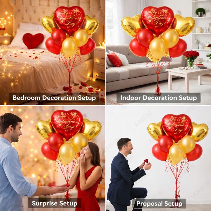 Image of AMFIN (Pack of 9) Happy Valentine's Day Balloon Decoration Set | Romantic Heart Foil Bouquet Metallic Helium Bunch Proposal Anniversary Celebration Party Decor - Red Mehroon