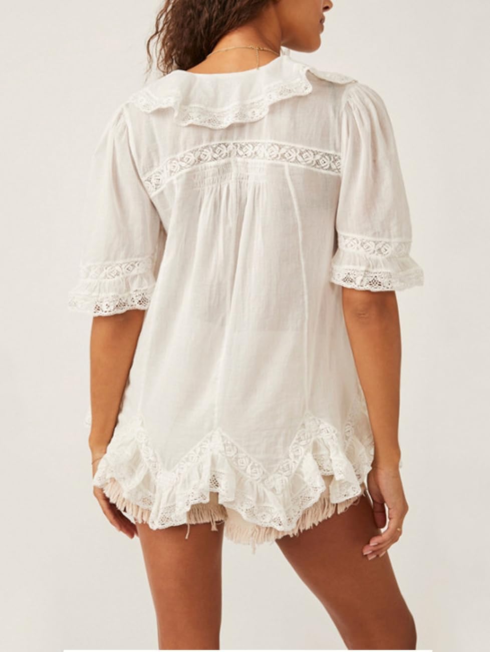 Women’s Tie Front Ruffle Boho Tops Flowy Sheer Short Sleeve Lace Blouse Y2k Embroidered Babydoll Button Down Shirts - Image 6