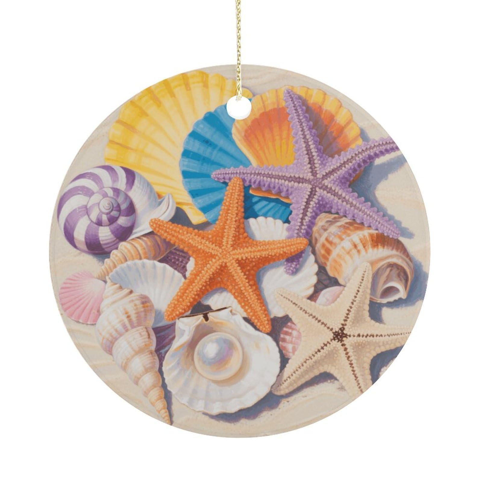 Personalized Christmas Ornaments 2025 Ceramic Hanging Colorful Seashell and Starfish Ornaments with Gold String Double-Sided Vintage Holiday Decorations for Tree Mantel Tabletop Xmas Party Favors