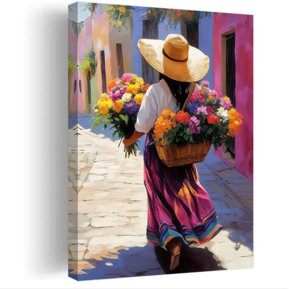 CCWORKERRY Mexican Woman Wall Art Colorful Girl Carrying a Flower Basket Canvas Prints Latin Mexican Folk Pictures Living Room Decor Framed(16L x 24W)