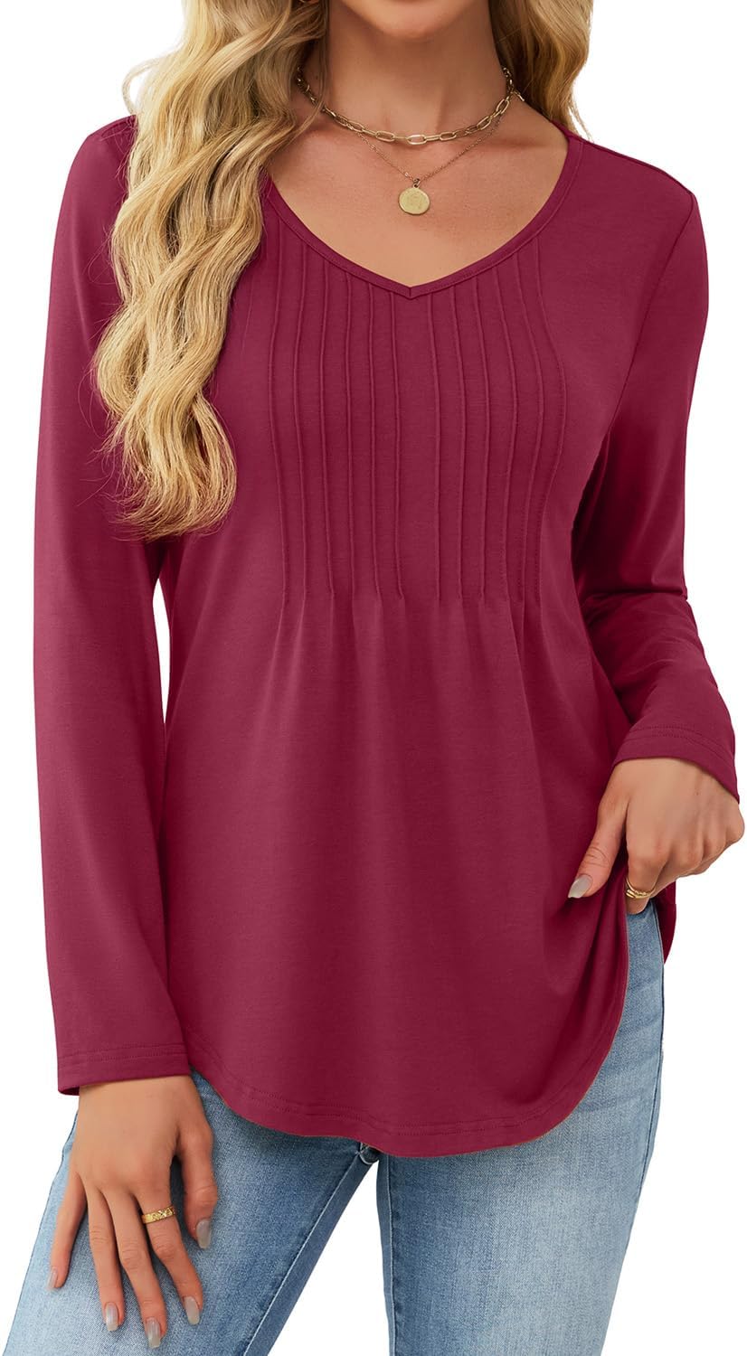 JUSTFASHIONNOW Long Sleeve Shirts for Women Dressy Casual Blouses Fall Tops Pleated V Neck Tunic Tops to Wear with Leggings