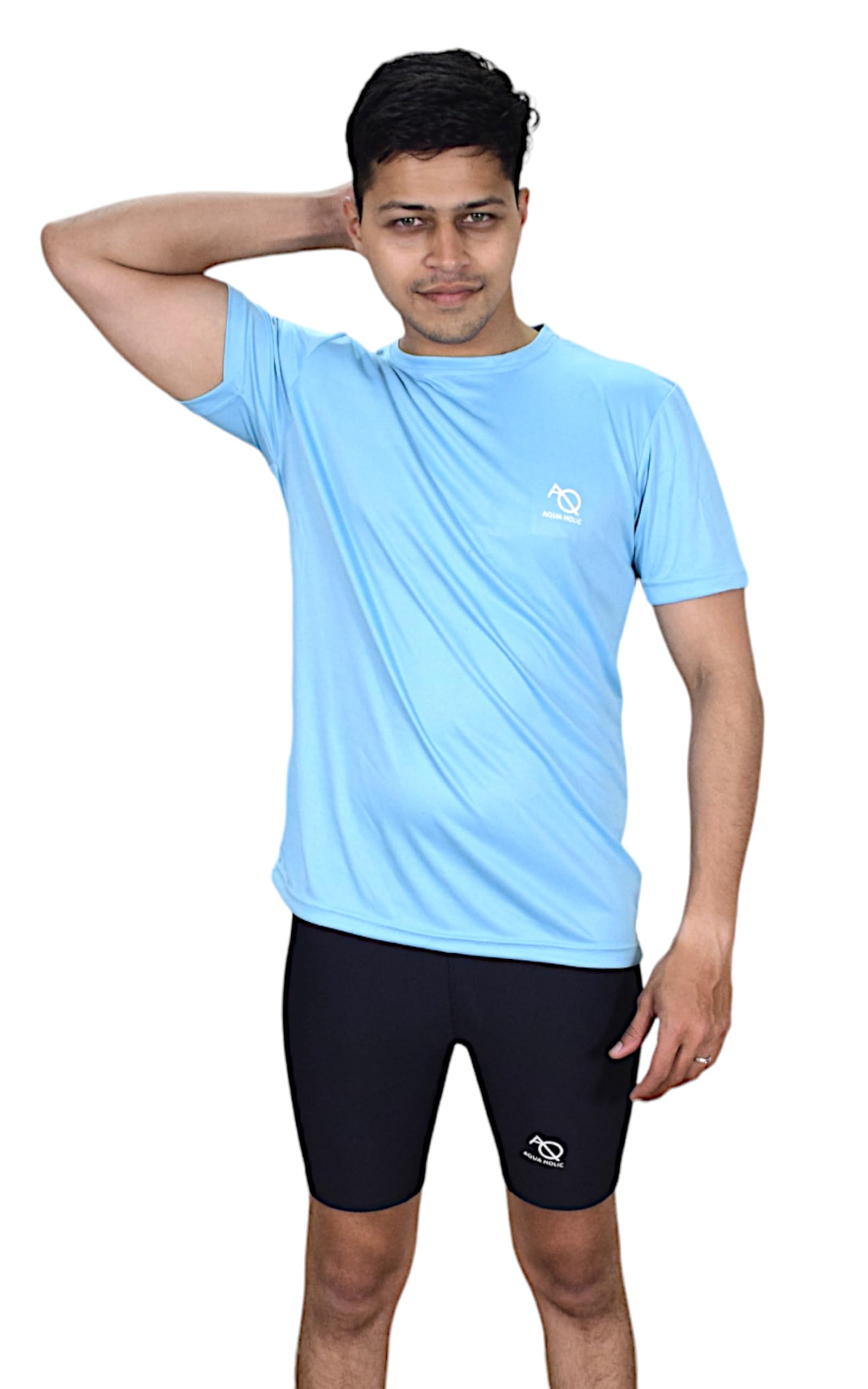 Spandex Men's Regular Fit Tights with Half Sleeves Tshirt | Adjustable, Quick Drying Set for Swimming, WaterParks, Surfing & Other Sports - Light Blue & Black