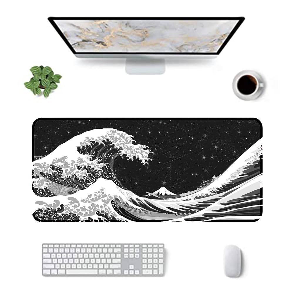 Japanese Gaming Mouse Pad Abstract Black Mouse Pad 31.5x11.8 Inch Black Sea Wave Texture Non - View #6