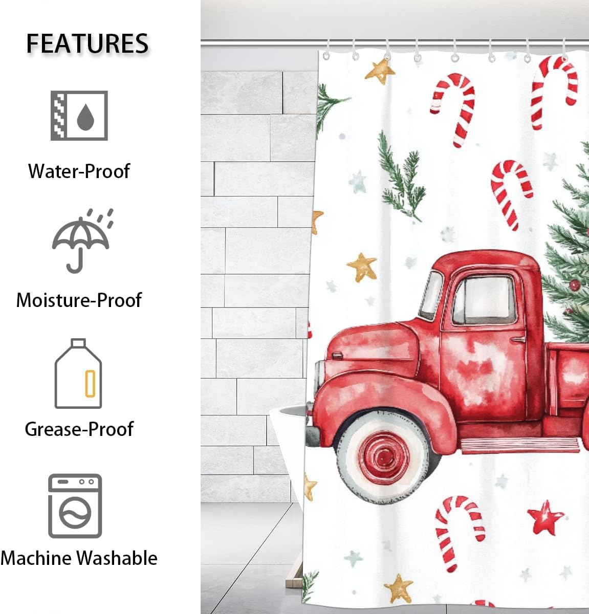 Merry Christmas Shower Curtain, Red Vintage Truck Tree Winter Snow Shower Curtains Set with Hooks,Waterproof Shower Curtain for Bathroom Decor,60Wx72H Inches