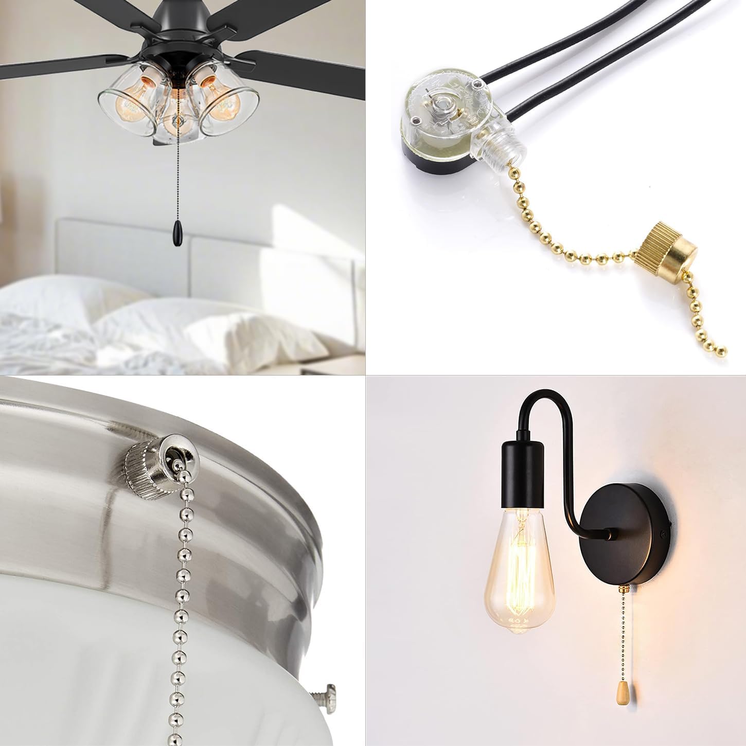 Ceiling Fan Pull Chain Switch for Fan Light, Zing Ear ZE-109 ON-OFF Pull Chain Lamp Switch with Cord for Ceiling Fan Lights, Lamps, Canopy Lights (Nickel 2 PACK)