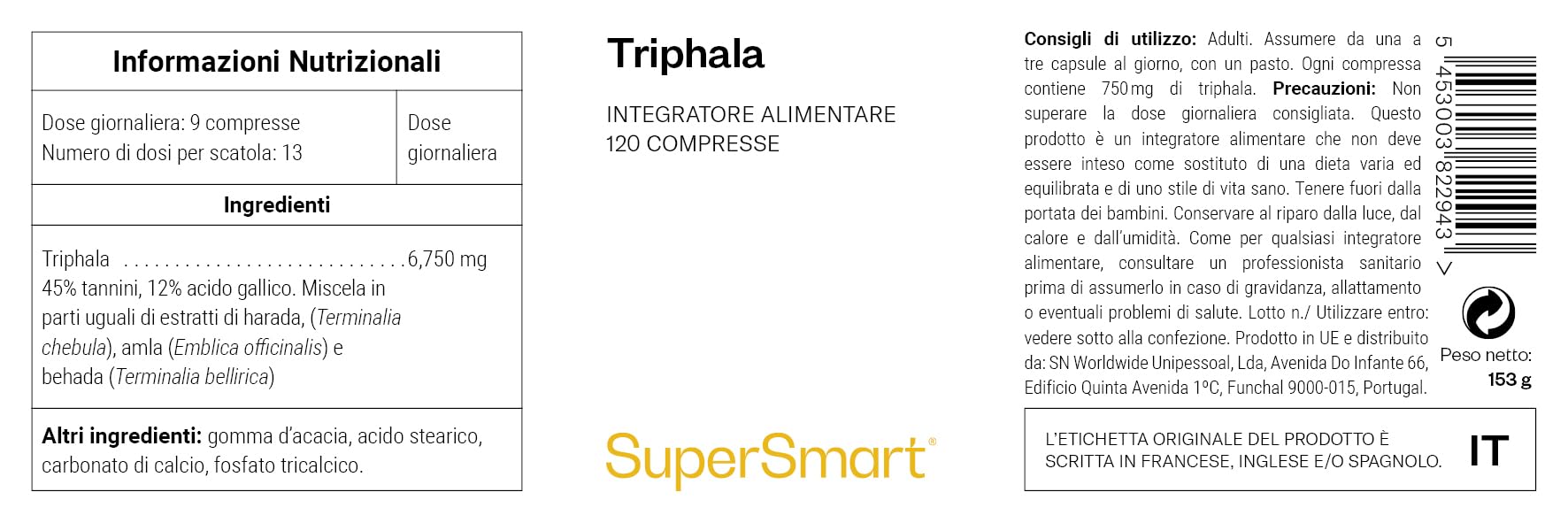 Triphala – Integratore Alimentare Ayurvedico – Antiossidante Naturale in Compresse – Detox fegato e intestino – 120 compresse – SuperSmart