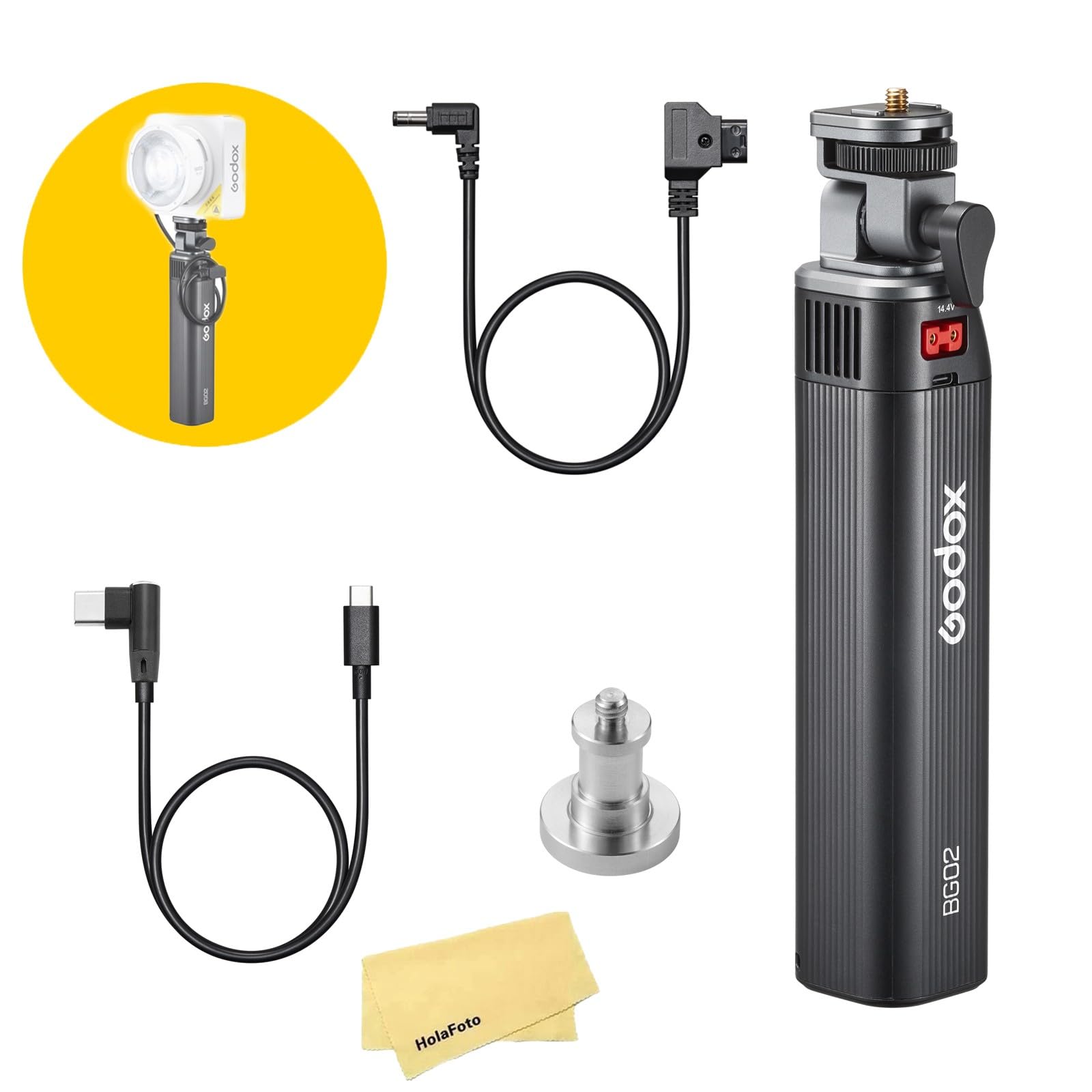 GODOX BG02 Poignée d'alimentation,Batterie Lithium 14.4V 6600mAh, avec D-Tap et Câble USB-C pour AD200 AD200Pro AD200ProII AD300 Pro Flash,pour ML100BI ML100R FH50Bi FH50R Lampe Vidéo LED