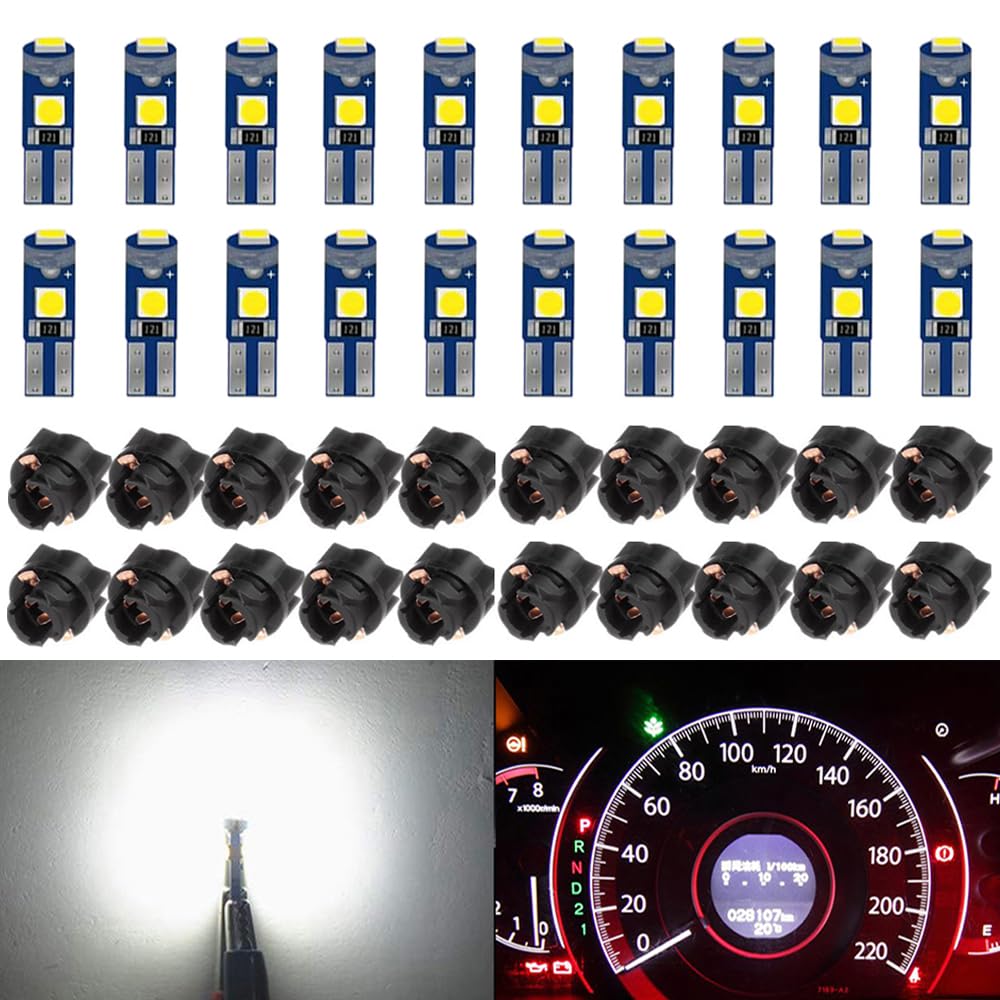 20-Pack T5 37 74 LED Bulb With Twist Lock Socket PC74 PC37 Dashboard Instrument Panel Gauge Cluster Light