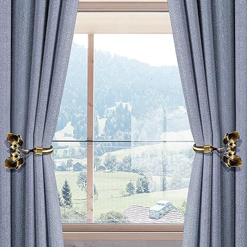 Image of HIKMLK 2pcs Handmade Leaf Curtain Tiebacks - Antique Brass Botanical Holdbacks & Side Holders, Brushed Metallic LacquerWall Mounted Pull Backs for Fresh Drapes Window Decor