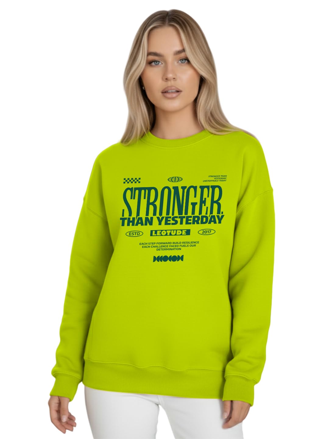 leotude Women’s Boyfriend Fit Printed Sweatshirt | Loose Fit Round Neck Winter Wear (Color Pista Green)-picture-16