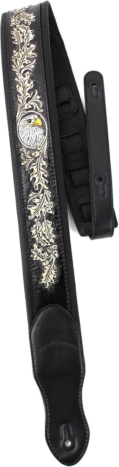 Walker & Williams KB-03-BLK Soft Black Premium Grain Leather Center Block Padded Guitar Strap With Carved American Eagle & Oak Leaves For Acoustic, Electric, And Bass Guitars
