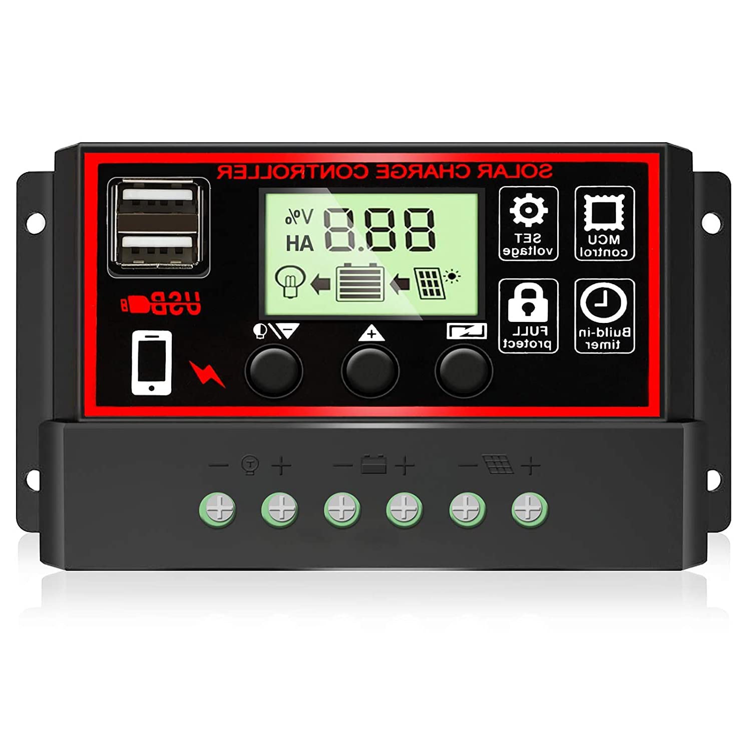 ELEPHANTBOAT® 20A 12V/24V Adjustable LCD Display Automatic Paremeter Solar Panel Charge Energy Controllers Intelligent Battery Regulator with USB Port