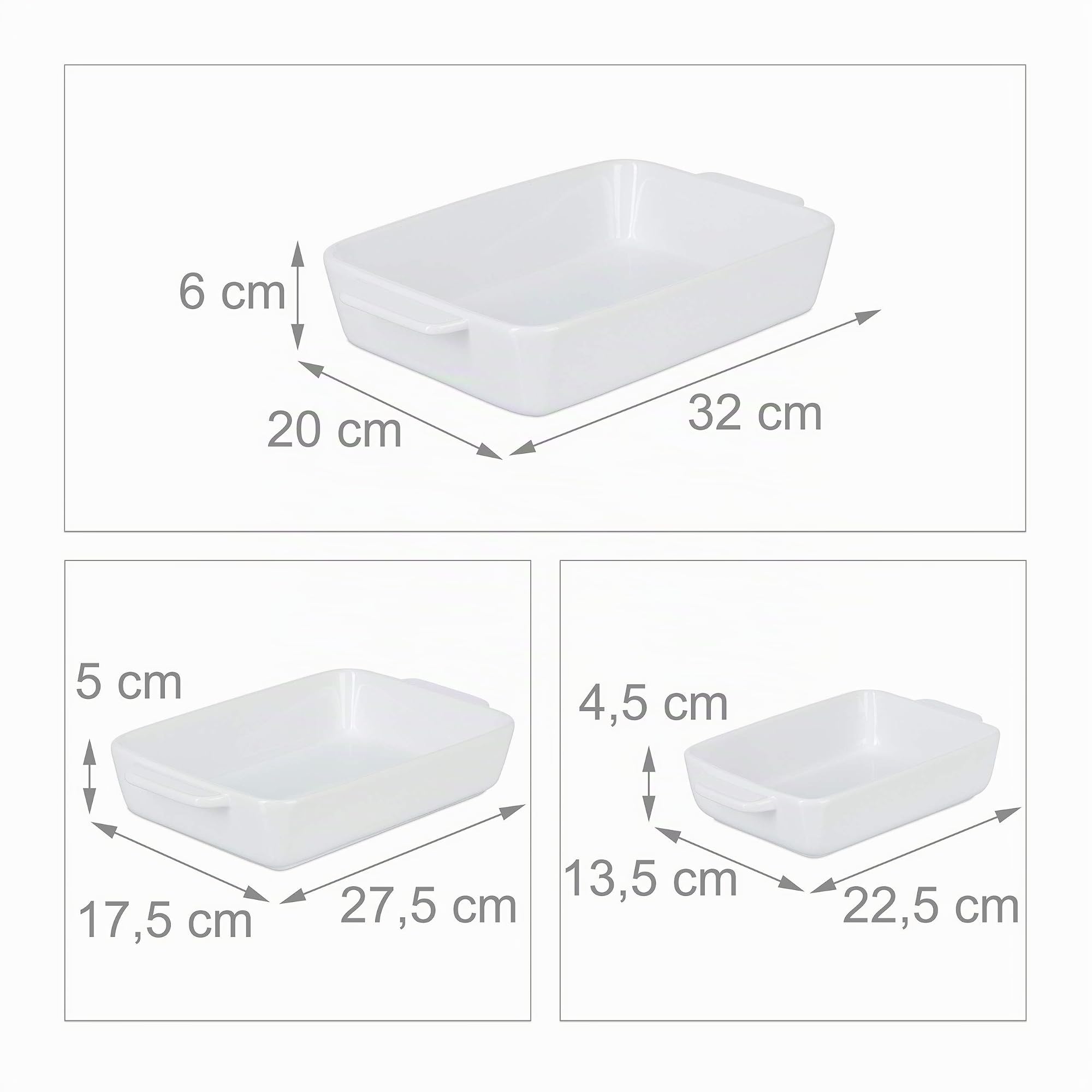 Relaxdays Moule, Plats pour Cuisson, au Four, Jeu de 3, en céramique, 3 Tailles, carrée, Lavable à la Machine, Blanche