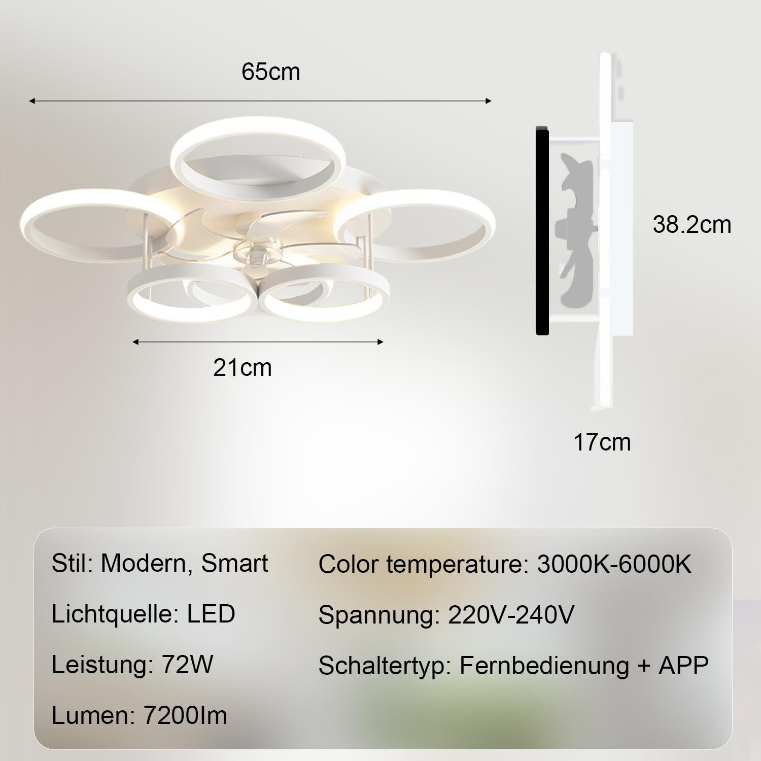 72W Deckenventilator mit Beleuchtung und Fernbedienung, Leise, APP Dimmbare LED Deckenleuchte mit Ventilator, 6-Gang-Einstellung Lampe mit Ventilator, Umkehrbare, Timer, Ø65CM, Weiß