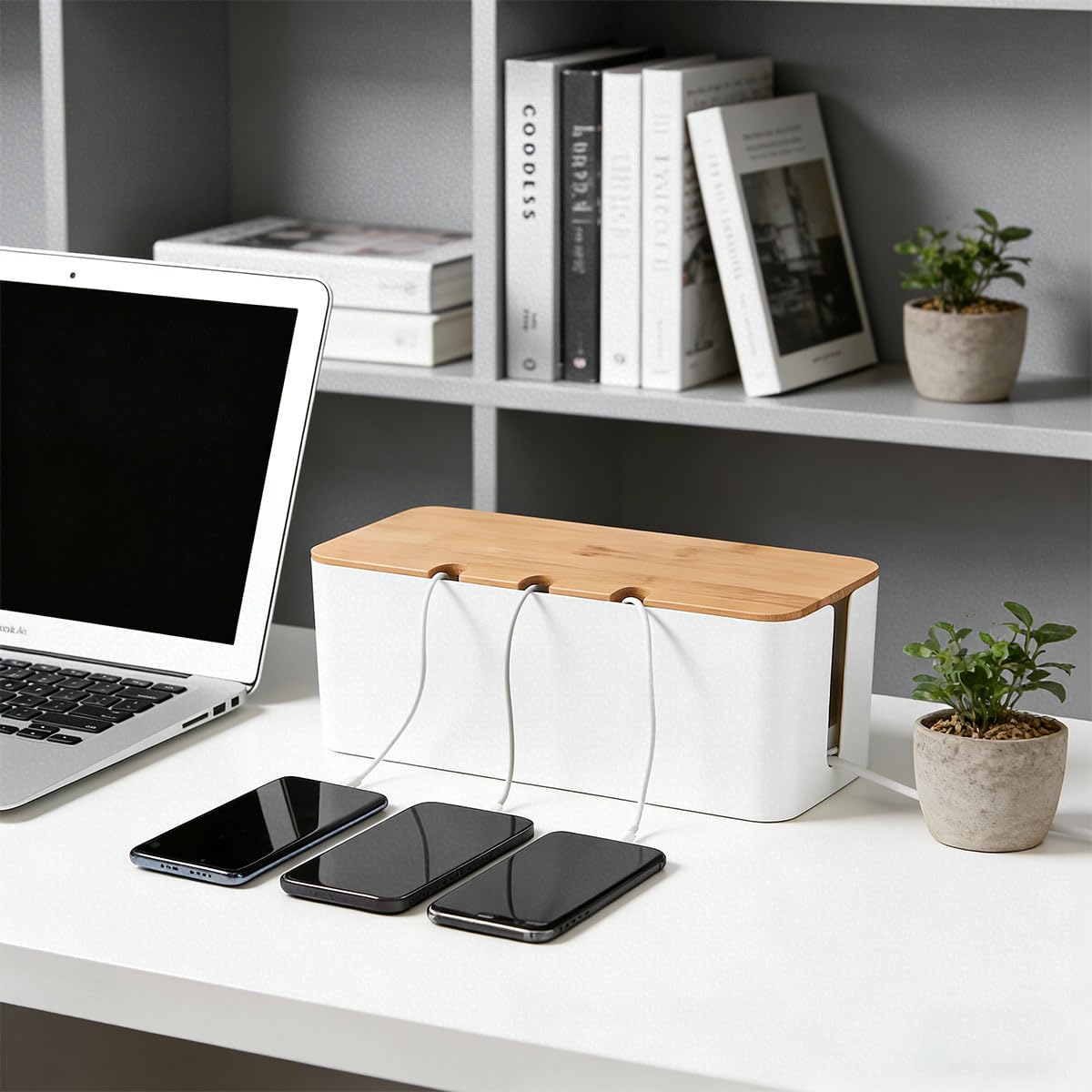 3 Piezas Caja Organizadora Cables, Caja Organizadora de Cables con Tapa de Bambú, Organizador Cables Caja con Agujeros Arriba y a Los Lados, Caja Cables, para Hogar y Oficina - Blanco, L/M/S