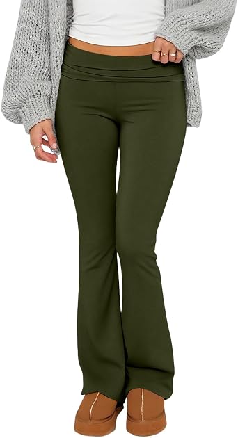 Flare Leggings for Women Fold Over Wide Leg Yoga Pants Y2K Low Rise Sweatpants Plus Size Workout Cotton Leggings
