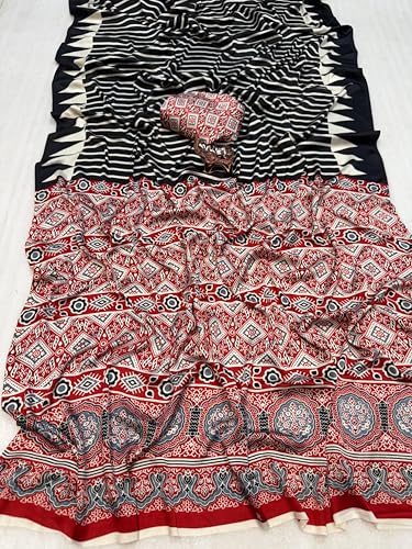Image of SATIKA VASTRAM Modal Silk Ajrakh Saree Bandhani Design Crepe Printed Designer Pallu Attach Blouse Piece