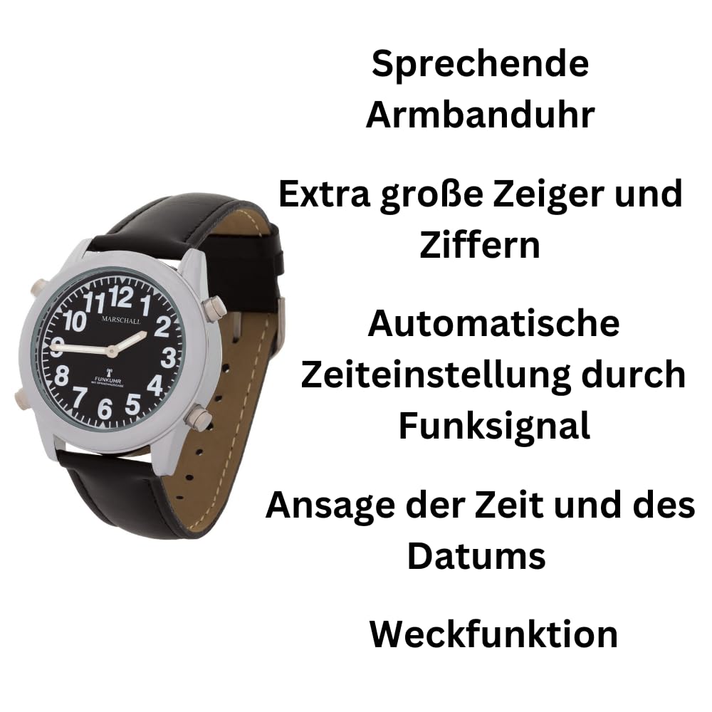 Marschall Deutsch sprechende Herren Armbanduhr I 1136SL I Funkarmbanduhr I Für Blinde, Senioren und Sehbehinderte I Datum- und Zeitansage I Extra große Zeiger I Schwarzes Lederarmband
