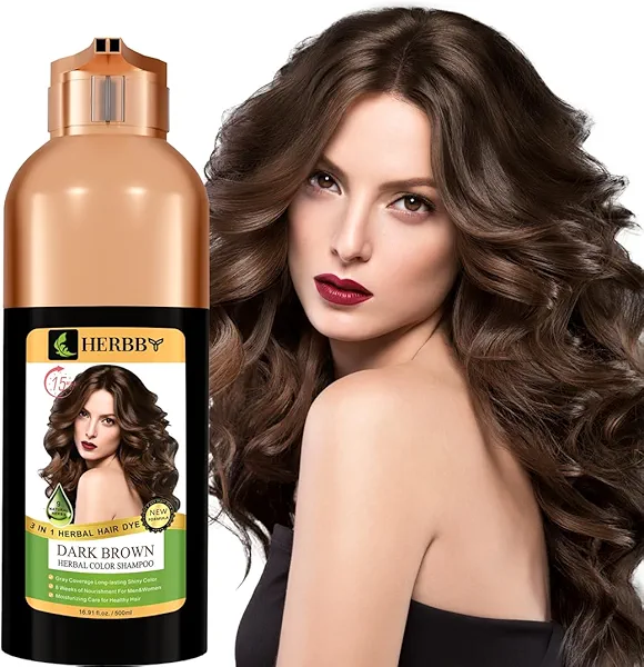 HERBBY Hair Color Shampoo for Gray Hair Coverage&Color Transform with 9 Herbal Extracts –Long Lasting(6-8 Weeks),Shiny,Evenly Colored,Instant Hair Dye Shampoo&Conditioner, 500 Ml (DARK BROWN COLOR)