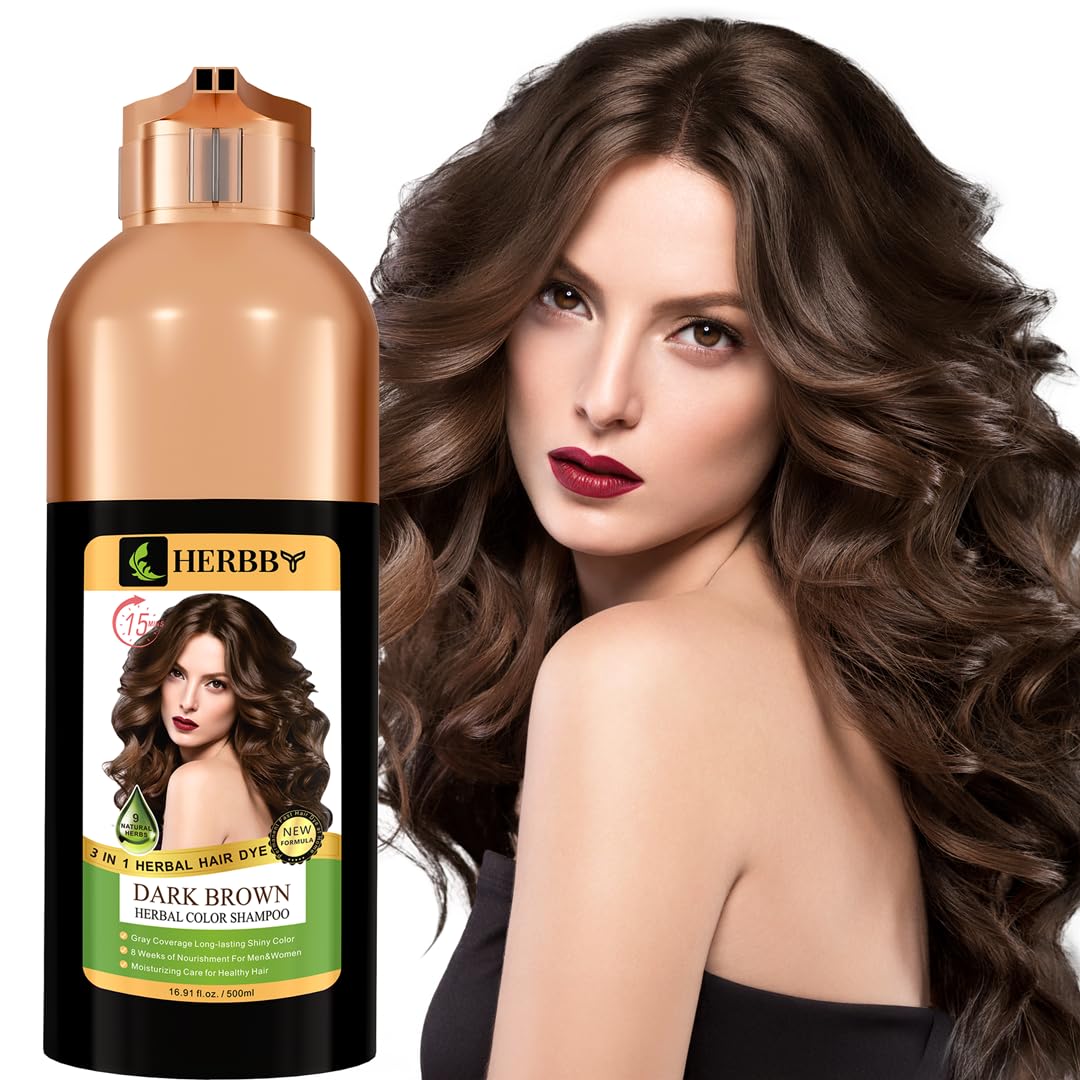 HERBBYHair Color Shampoo for Gray Hair Coverage&Color Transform with 9 Herbal Extracts –Long Lasting(6-8 Weeks),Shiny,Evenly Colored,Instant Hair Dye Shampoo&Conditioner, 500 Ml (DARK BROWN COLOR)