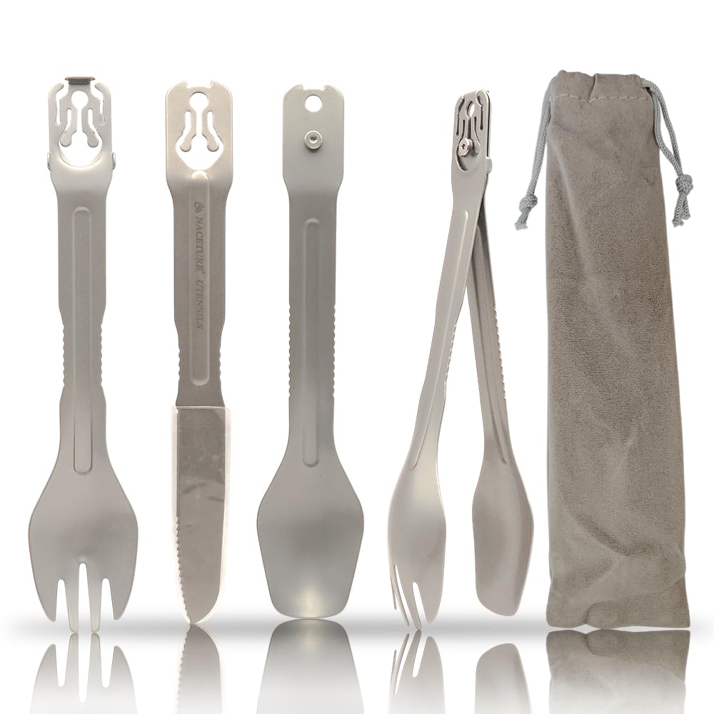 NACETURE Travel Silverware Set, Travel Fork Spoon Knife Set, Portable Utensils, 4-in-1 Spoon Fork Converts to Tongs, Camping Utensils Set with Bag