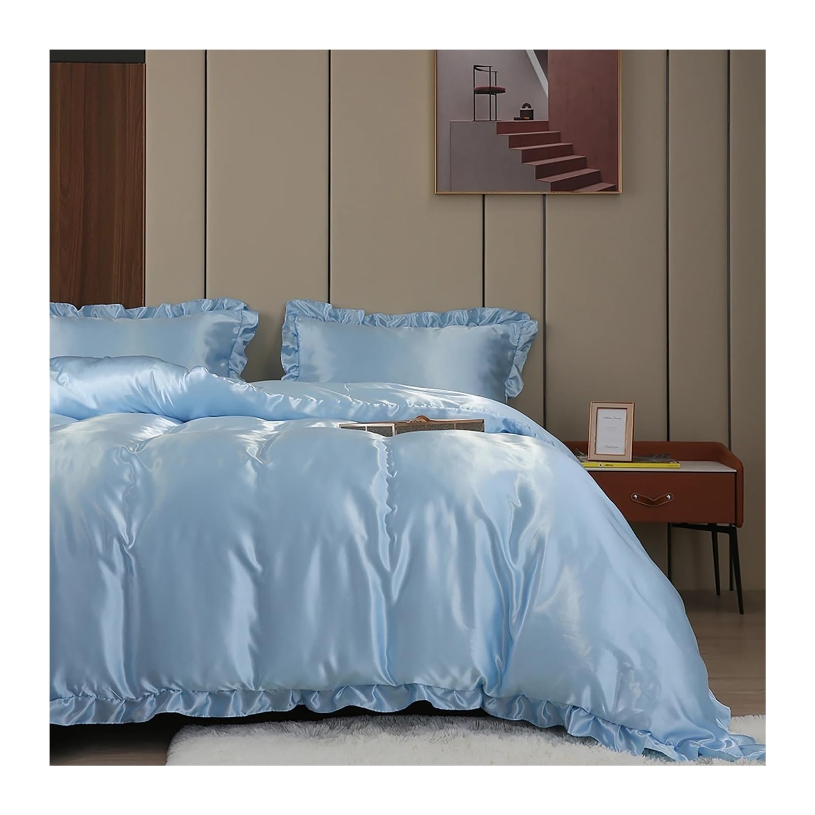 ZHSOAO 3PCS Satin Duvet Cover Set Silk Bedding Silky Ruffle Luxury Bed for Bed(SKY BLUE,200x200cm-UK-Double)