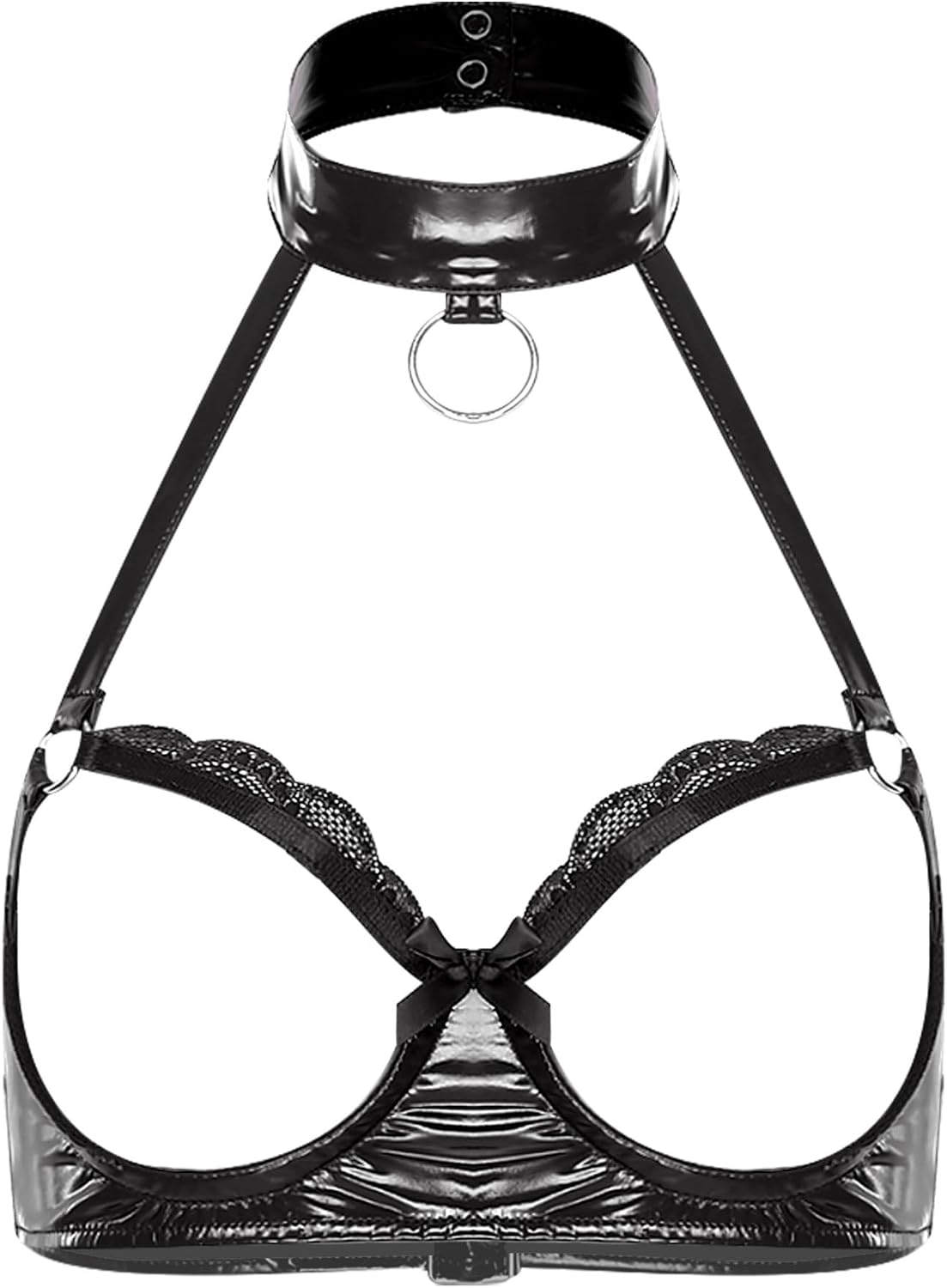 Hularka Womens Sexy Lace Trim PU Leather Open Cup Bra Halter Neck Cut Out Bralette Balconette