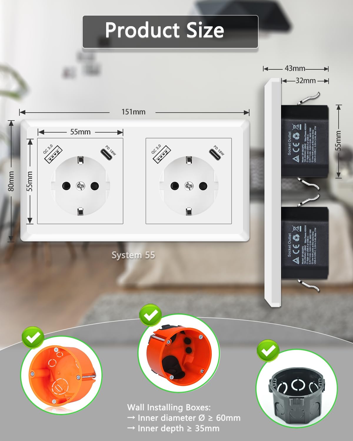 USB Steckdose, Doppelsteckdose mit USB Anschluss QC 3.0 und Typ C Port PD 18W Schnellladung System 55 Reinweiß Glänzend Wandsteckdose Passt in Standard 2-fach Unterputzdose