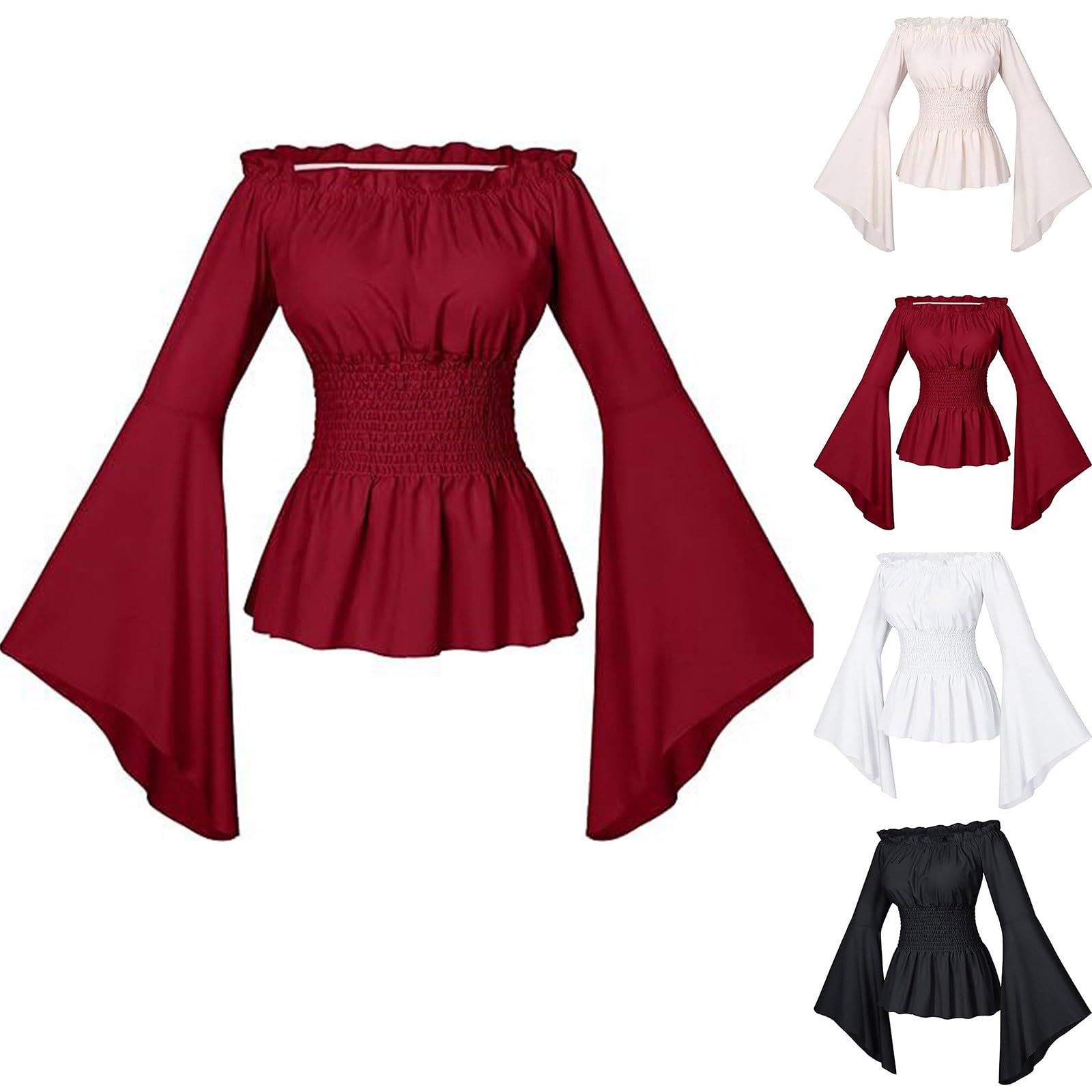 Camicetta da donna rinascimentale vittoriana con volant a vita mosca a maniche lunghe boho pirata camicia senza spalle maniche a tromba gothic Lolita Boho Camicette medievali