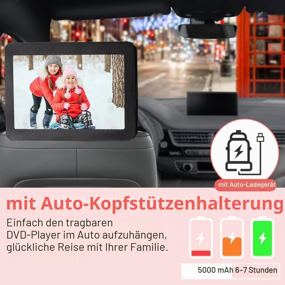 Tragbarer DVD-Player mit 16,1 Zoll (42,9 cm) (14,1 Zoll) drehbarem Bildschirm, 6 Stunden Akku, Auto-Kopfstützenhalterung, tragbare DVD unterstützt alle Regionen-Discs/SD-Karte/USB/Sync-TV, Schwarz